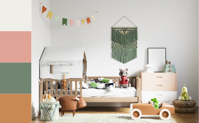 wood flooring and area rug in kids bedroom with color palette